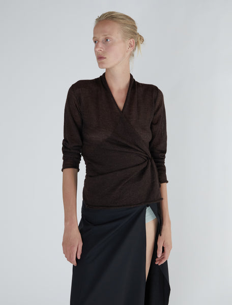 SUDI-Brown long-sleeved wrap top with a side loop to tie the