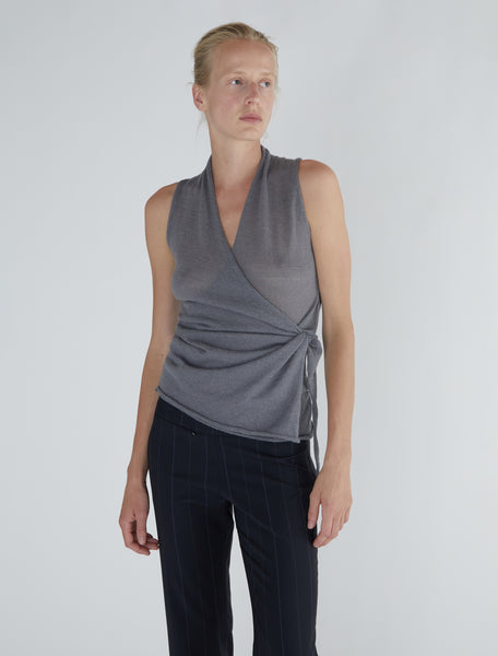 SANS-Grey sleeveless wrap top with a side loop to tie the
