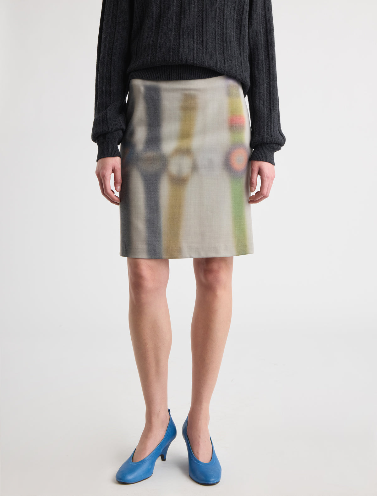 Watch midi tailored skirt digital overprint clock motif