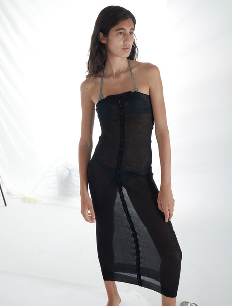 FOLDED BUTTON DRESS-Fitted bandeau dress featuring a rounded