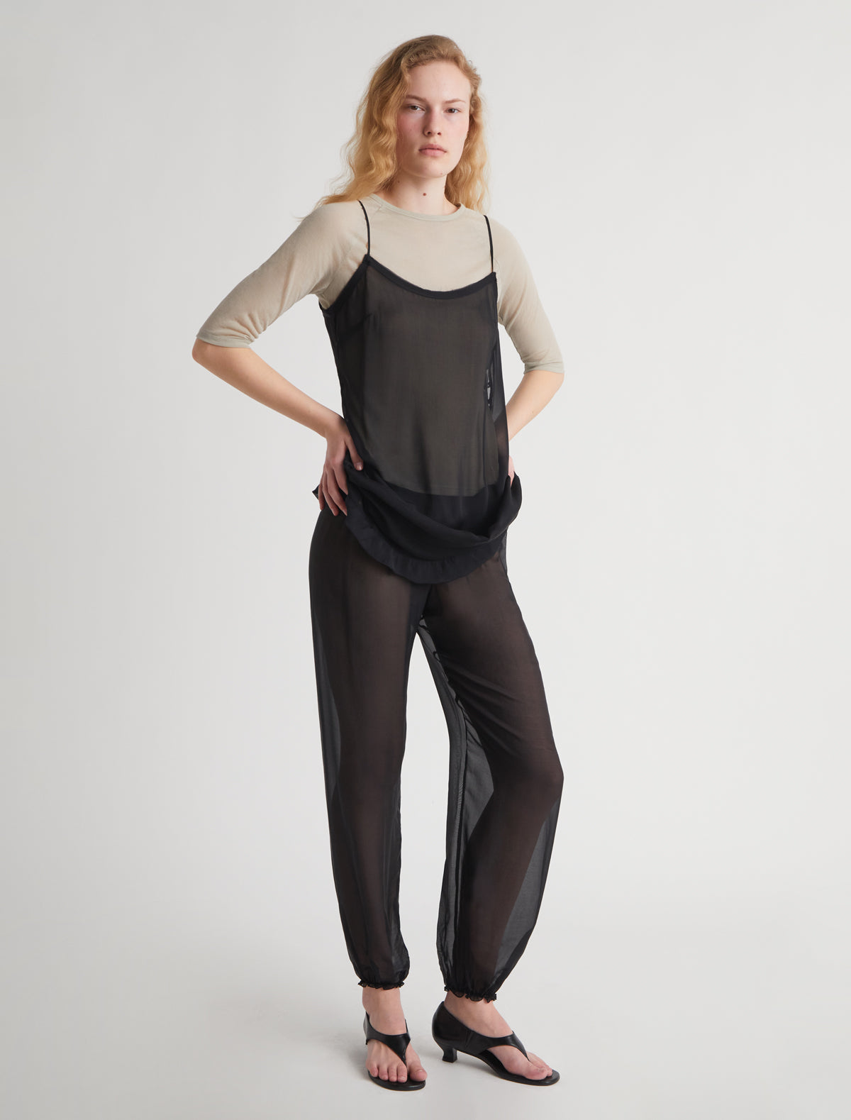 WEZA-Black delicate, sheer harem silk pants with elastic waistband