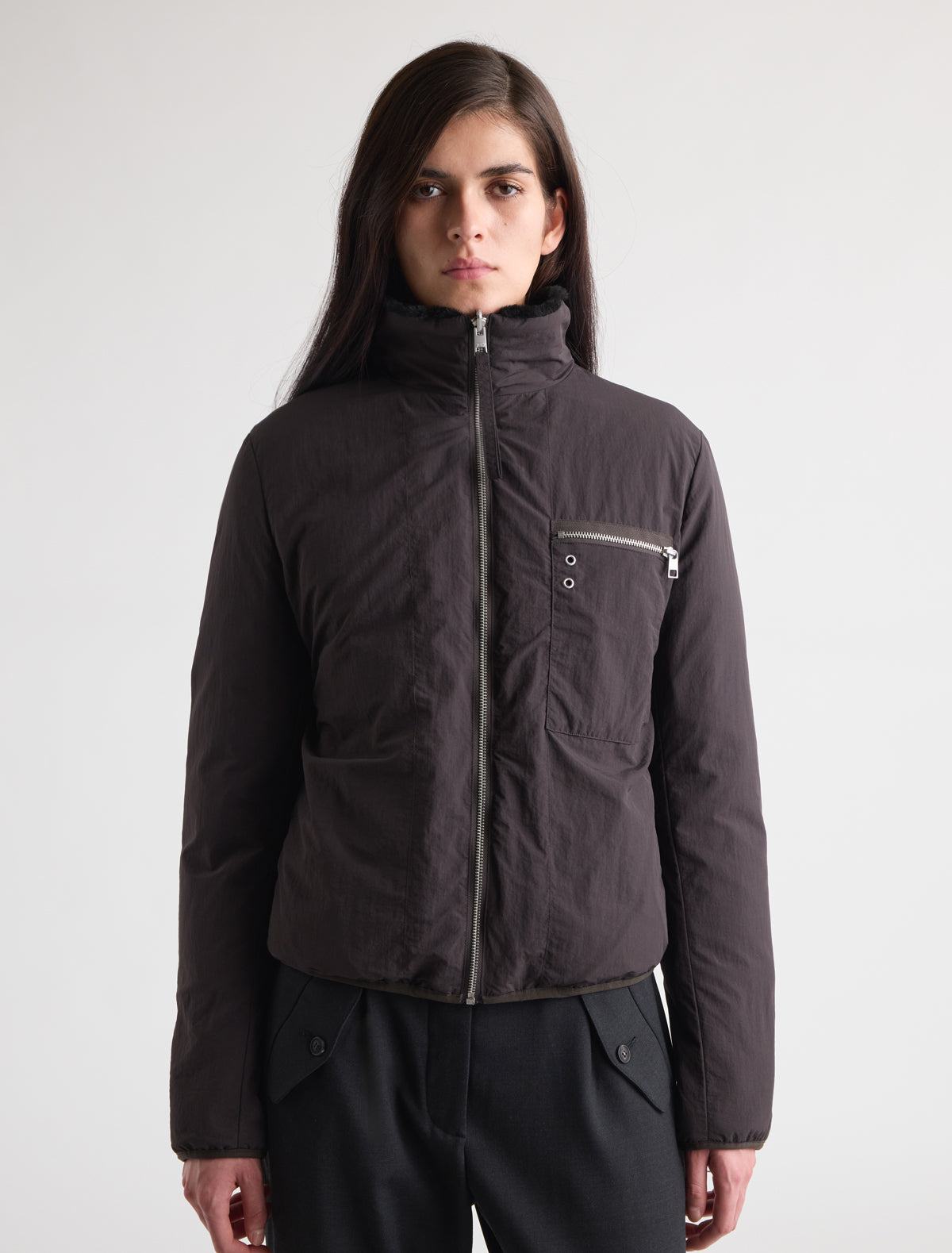 Wombat reversible nylon puffer jacket contrast furry collar inner cuffs brown