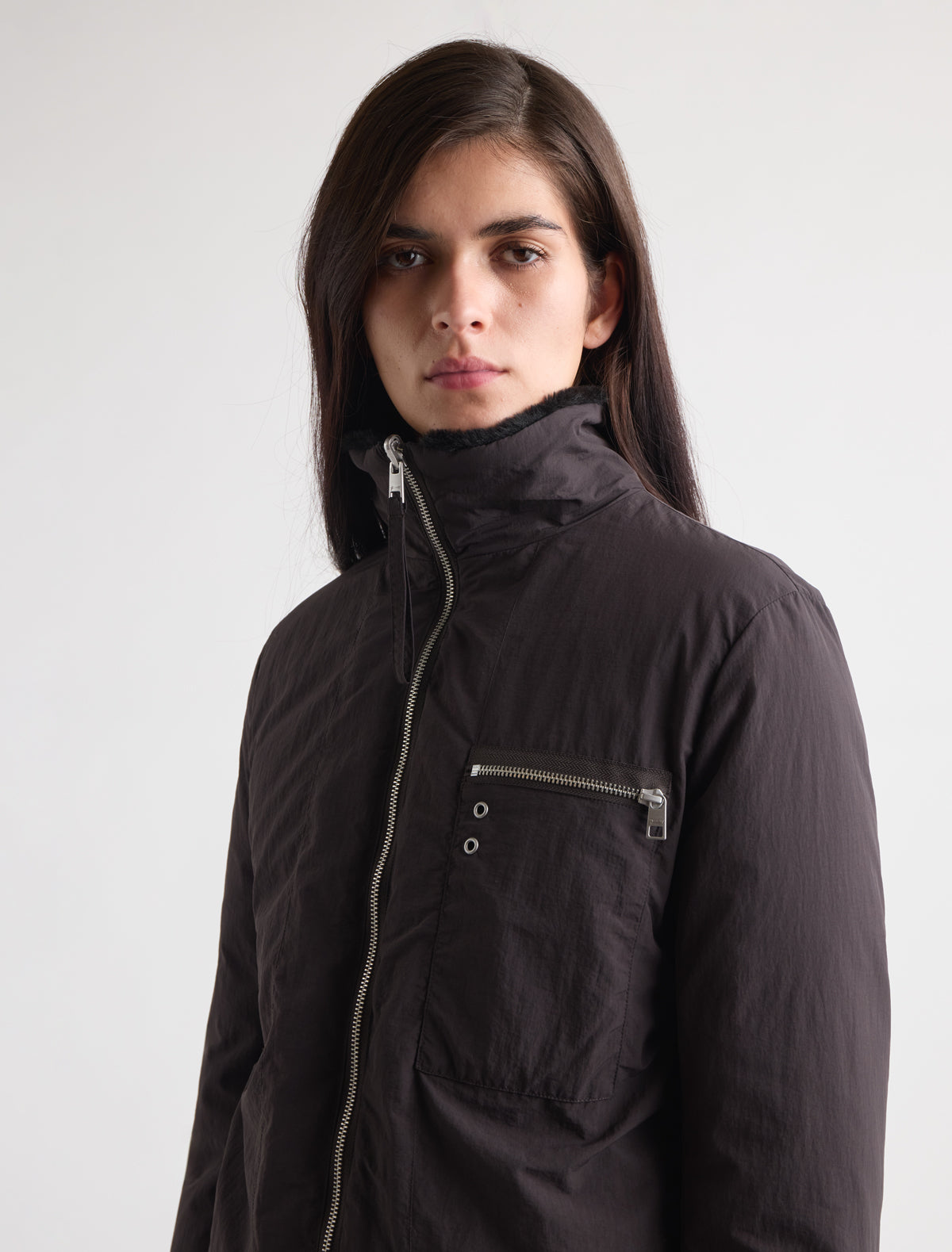 Wombat reversible nylon puffer jacket contrast furry collar inner cuffs brown