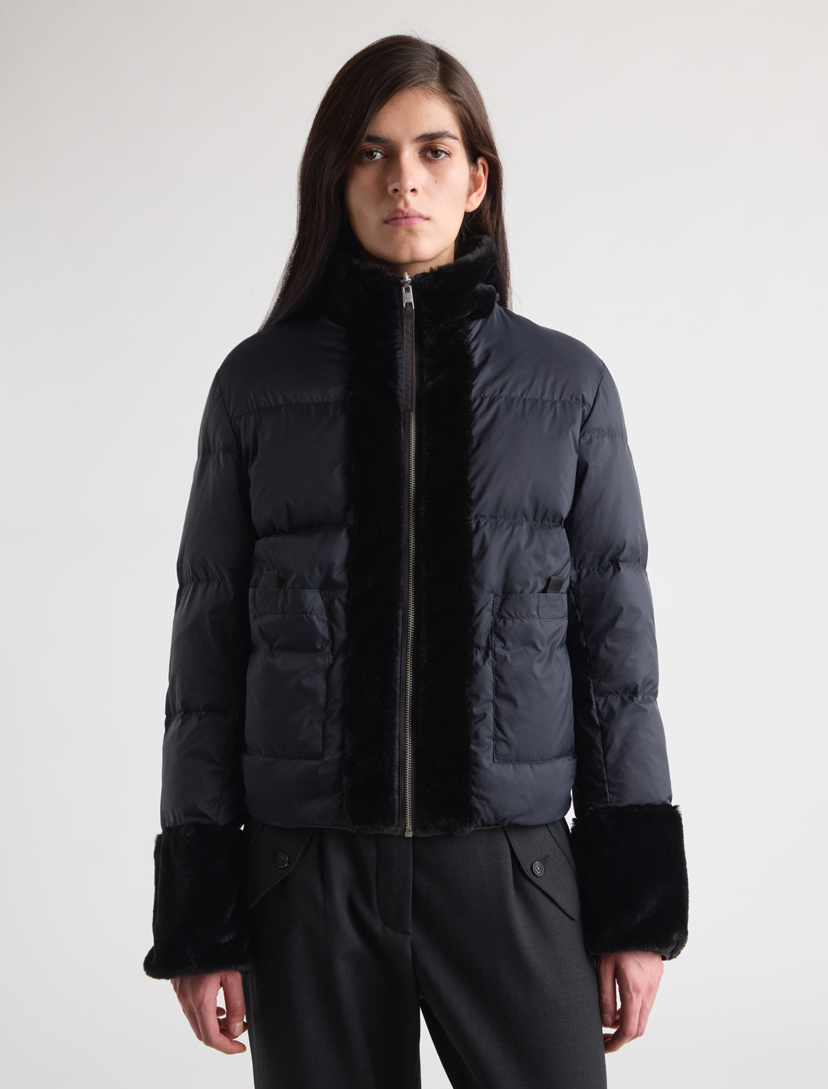 Wombat reversible nylon puffer jacket contrast furry collar inner cuffs brown