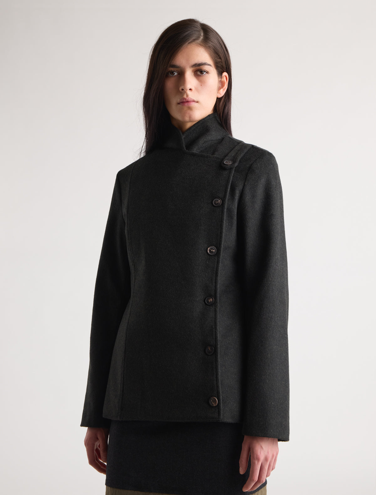 Yashi fitted midi coat double breasted front high neck