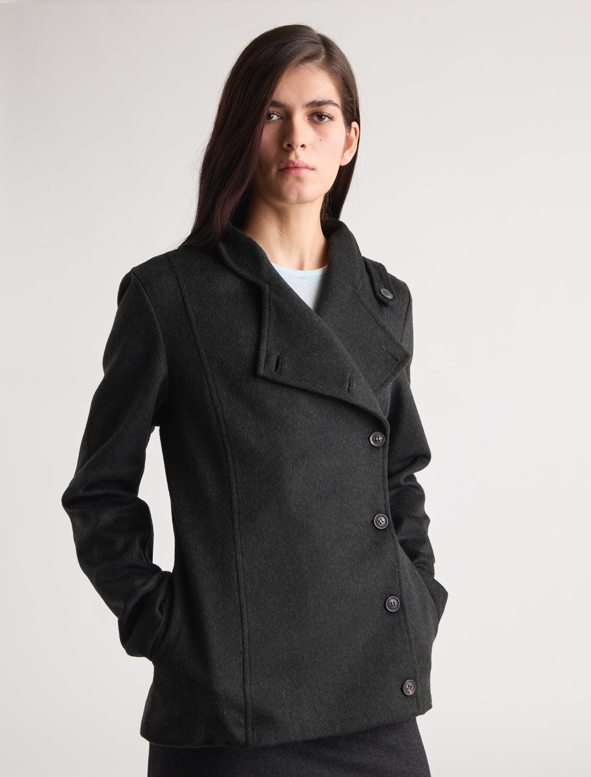 Yashi fitted midi coat double breasted front high neck