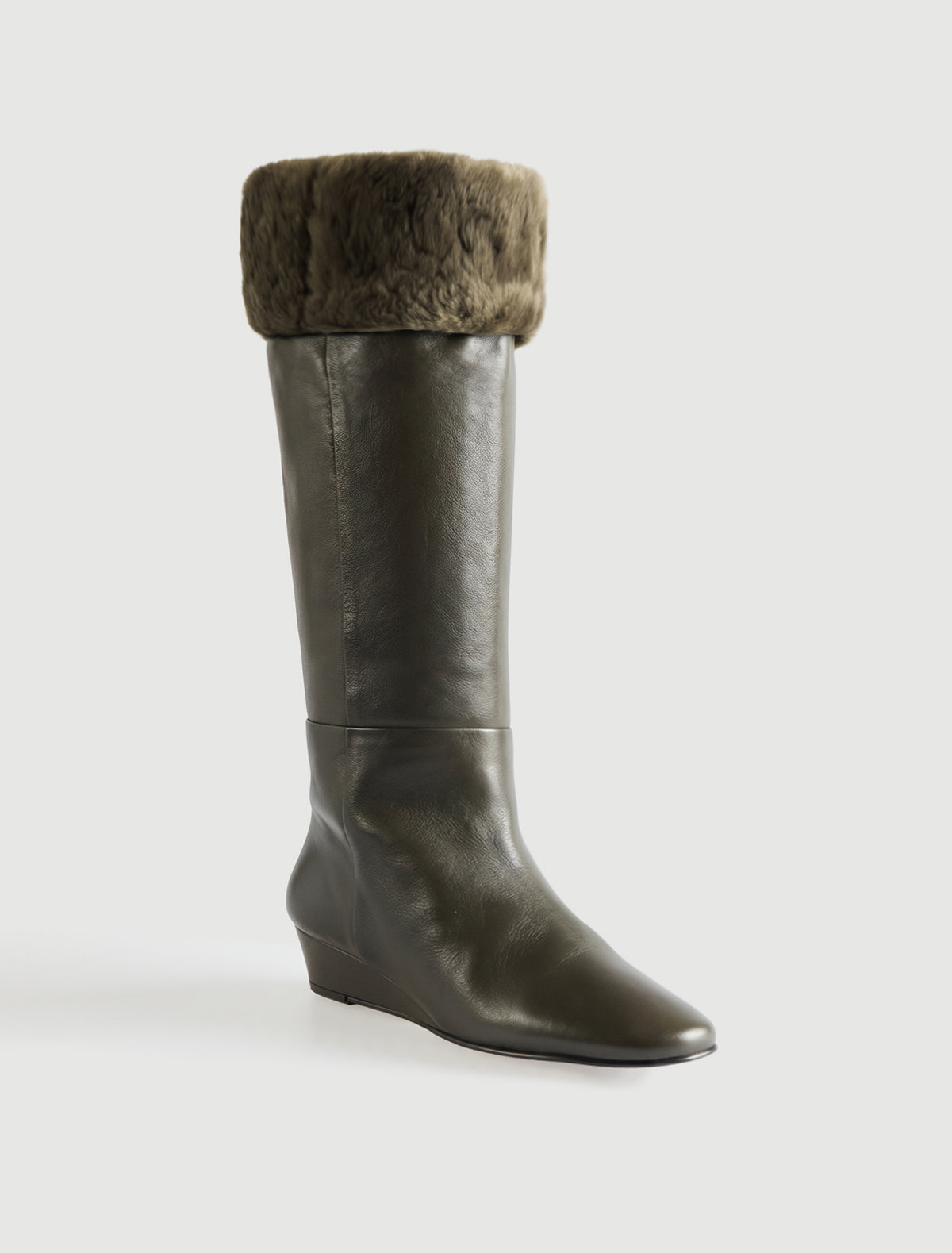Ivana leather boot wedge heel fur lining top shaft khaki