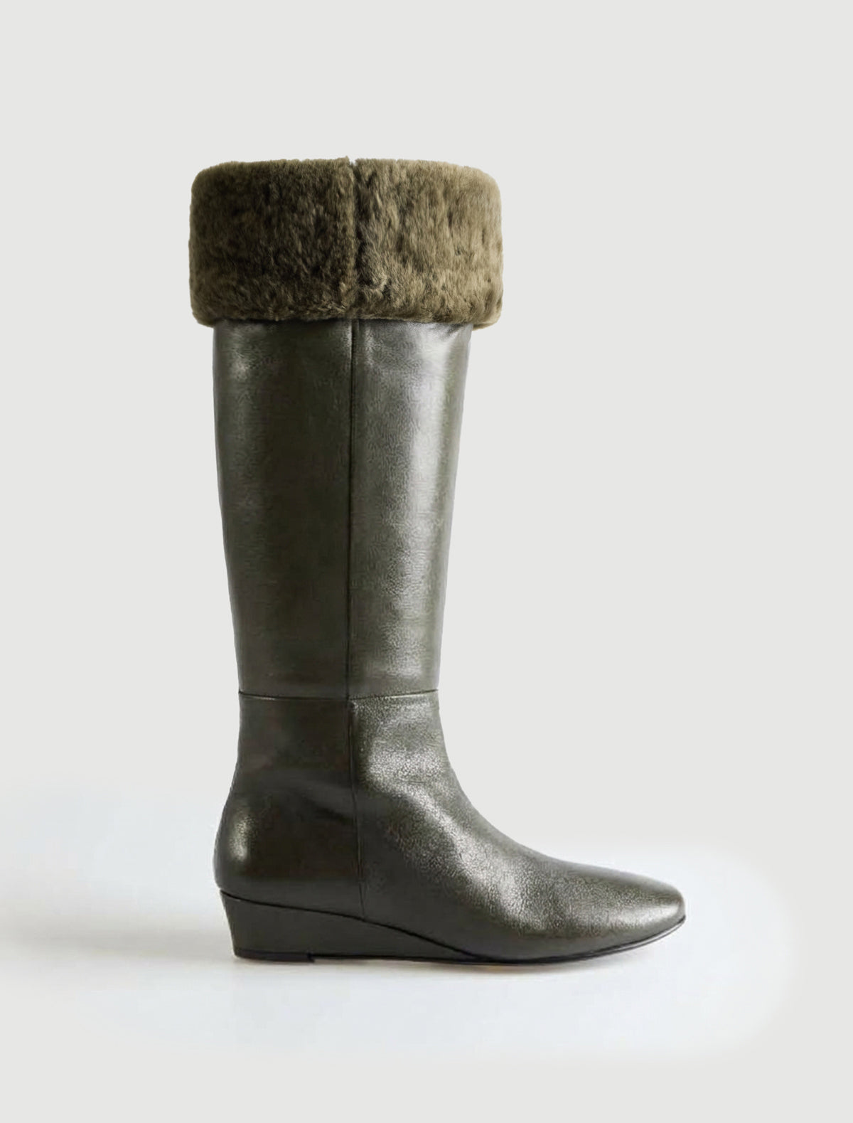 Ivana leather boot wedge heel fur lining top shaft khaki