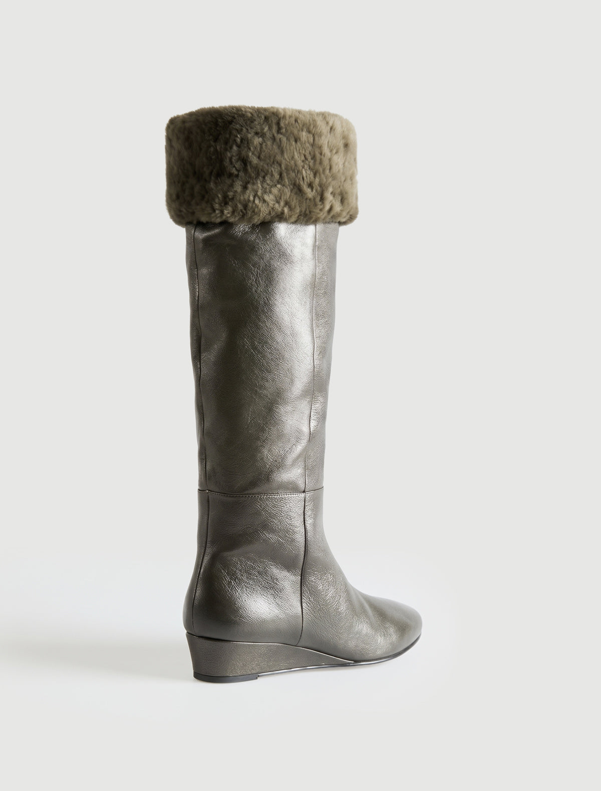 Ivana leather boot wedge heel fur lining top shaft khaki