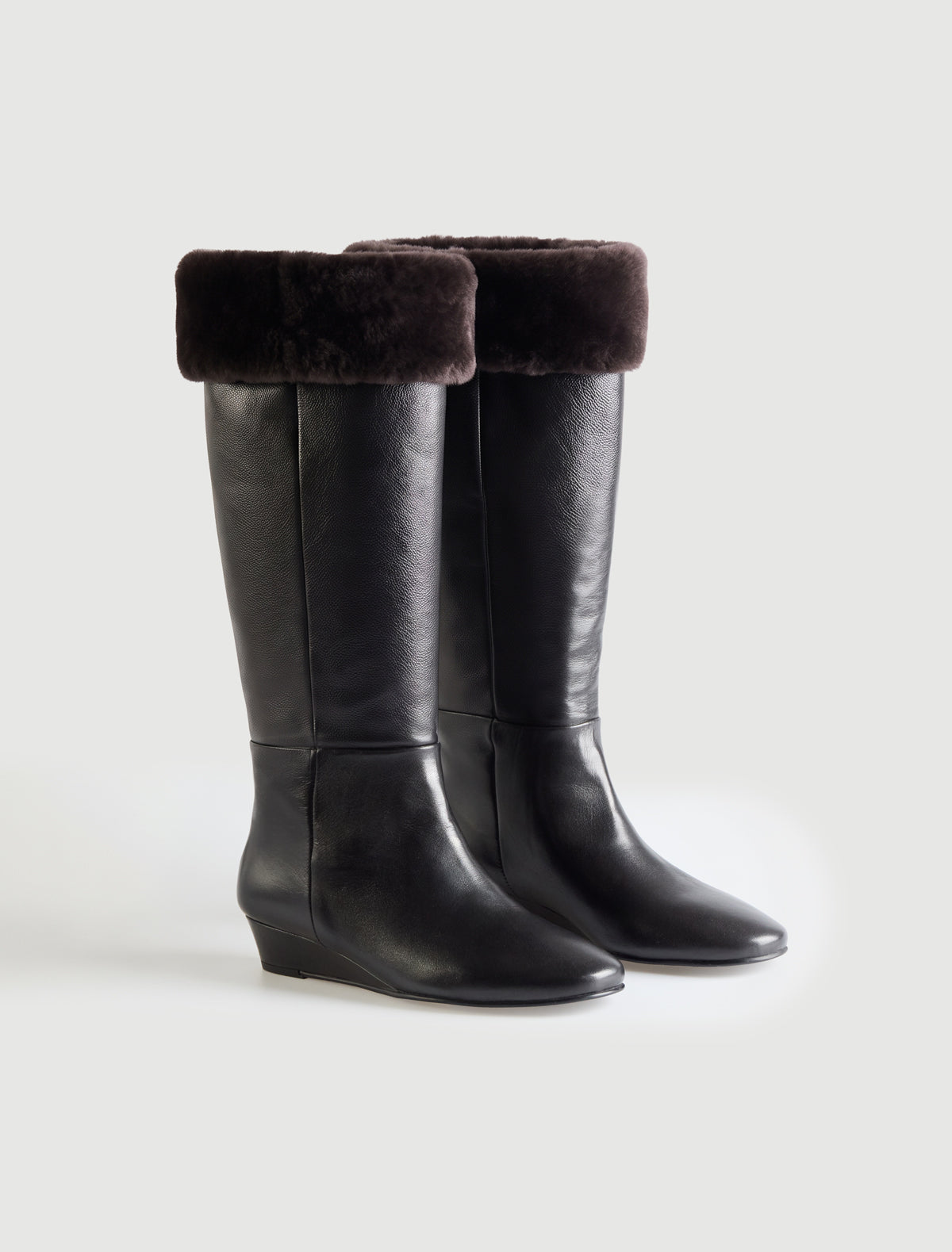 Ivana leather boot wedge heel fur lining top shaft black