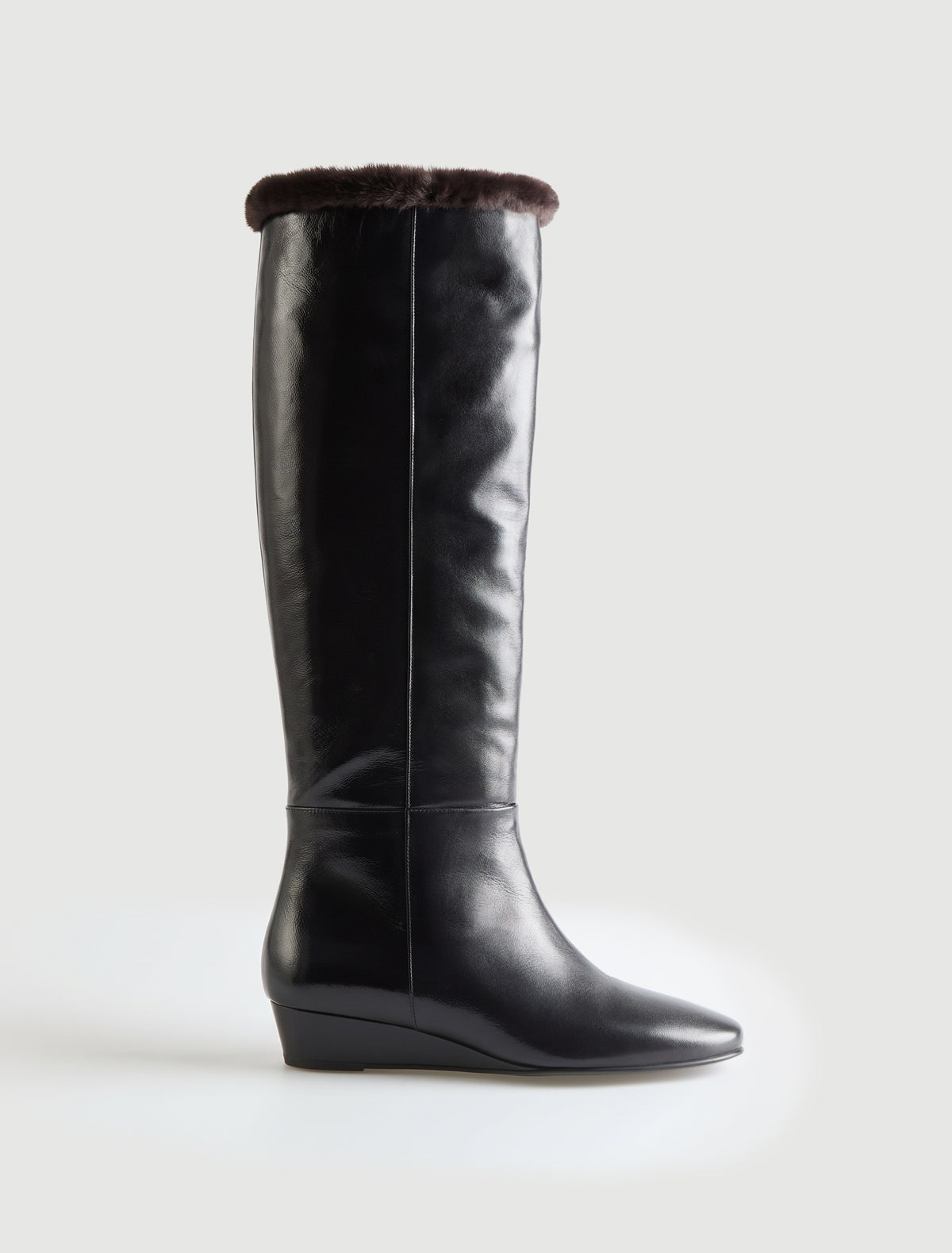 Ivana leather boot wedge heel fur lining top shaft black