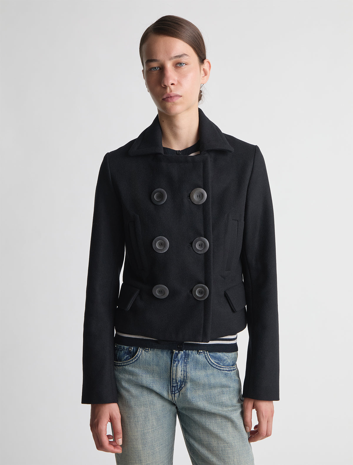 Gola short double breasted coat oversized buttons side pockets black