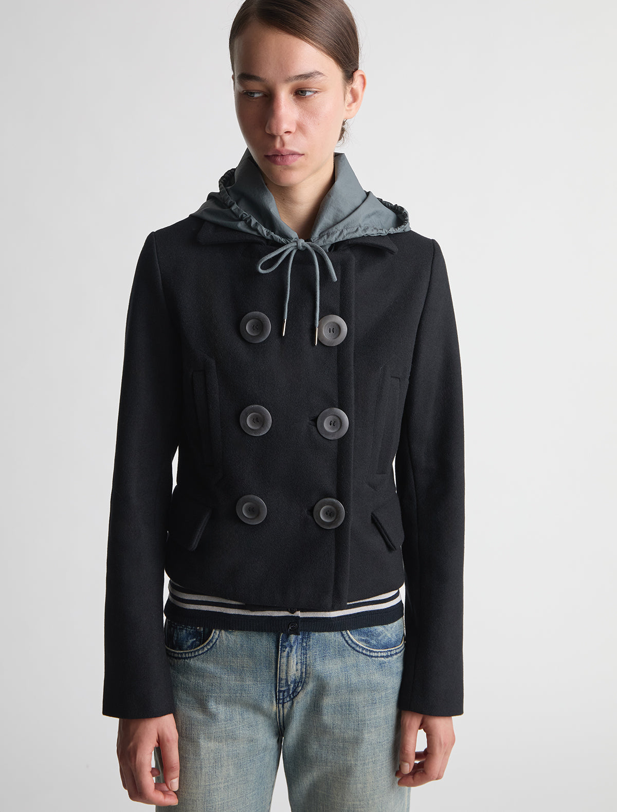Gola short double breasted coat oversized buttons side pockets black