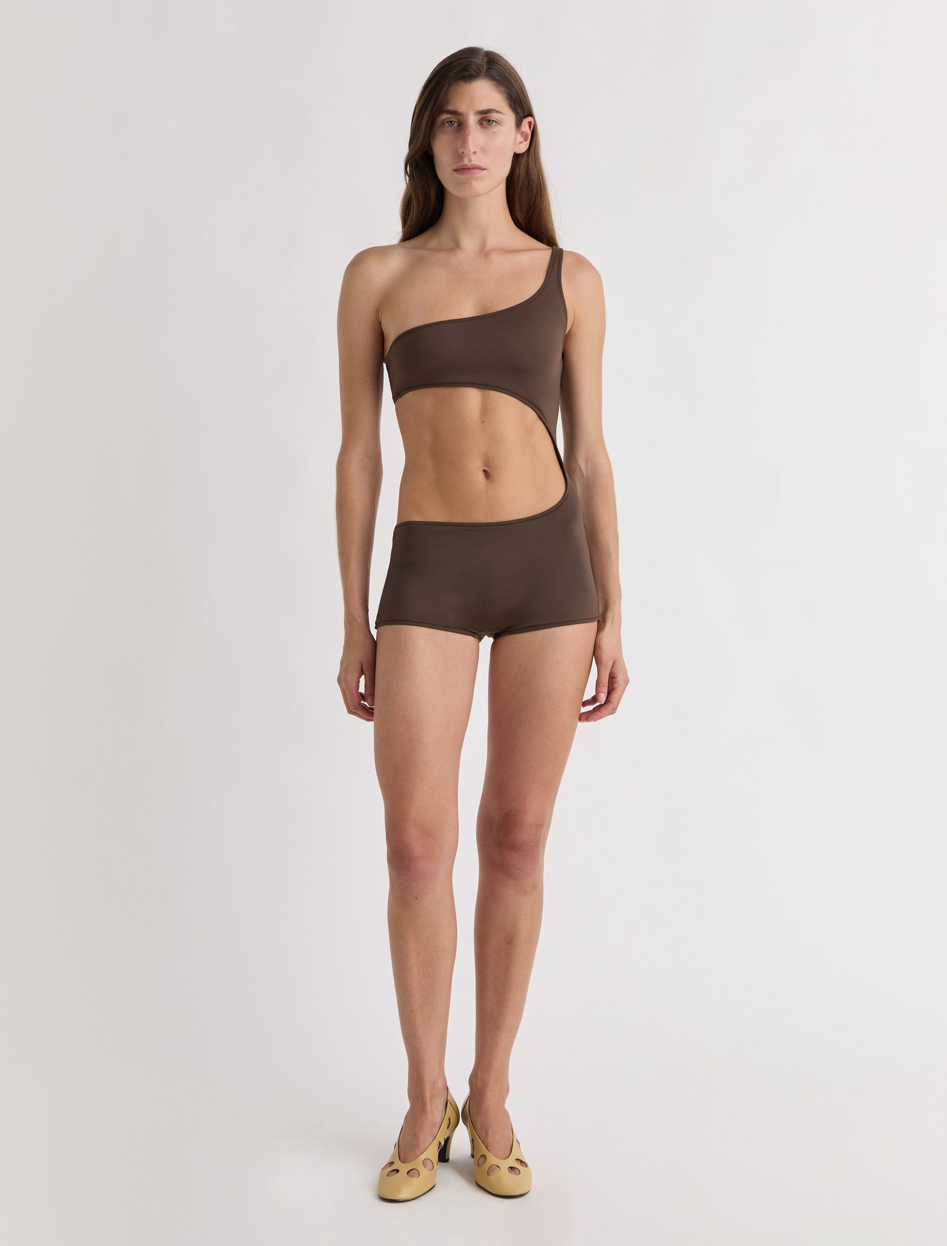 Flann asymmetric swimsuit cut out detail brown