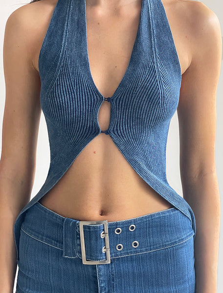BIARRITZ-Washed indigo effect halter top with front buttoning
