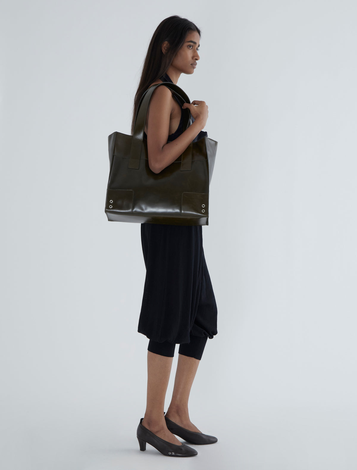 Marga square sack style bag silver grommet details khaki