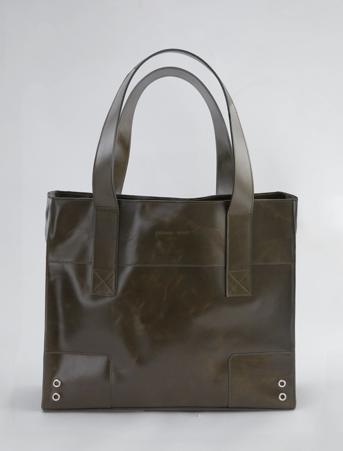 Marga square sack style bag silver grommet details khaki