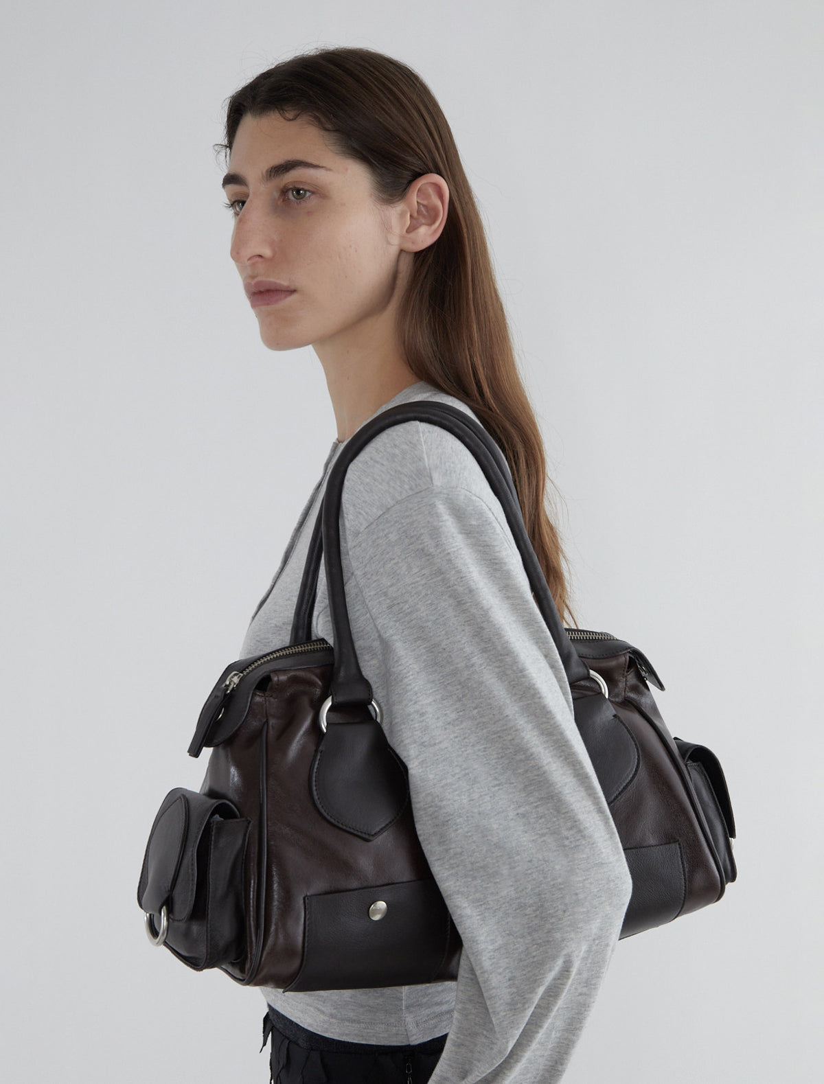 Tilda bowling style leather bag double handles brown