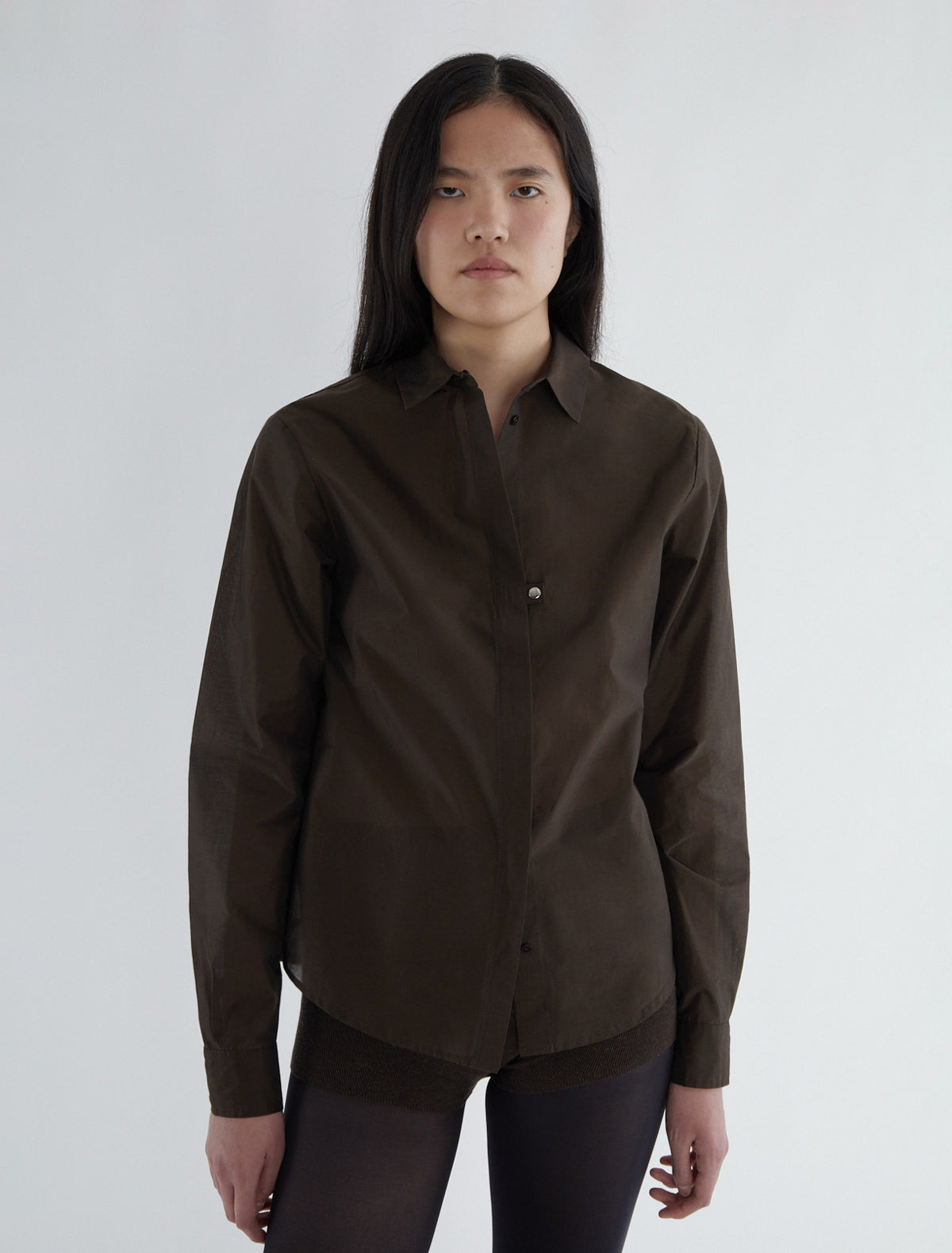 Ines cotton shirt ribbon tabs snap buttons brown