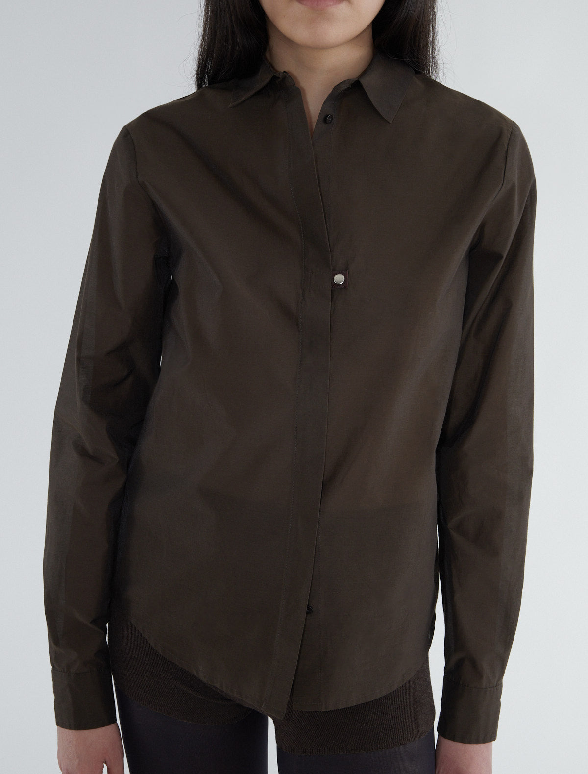 Ines cotton shirt ribbon tabs snap buttons brown