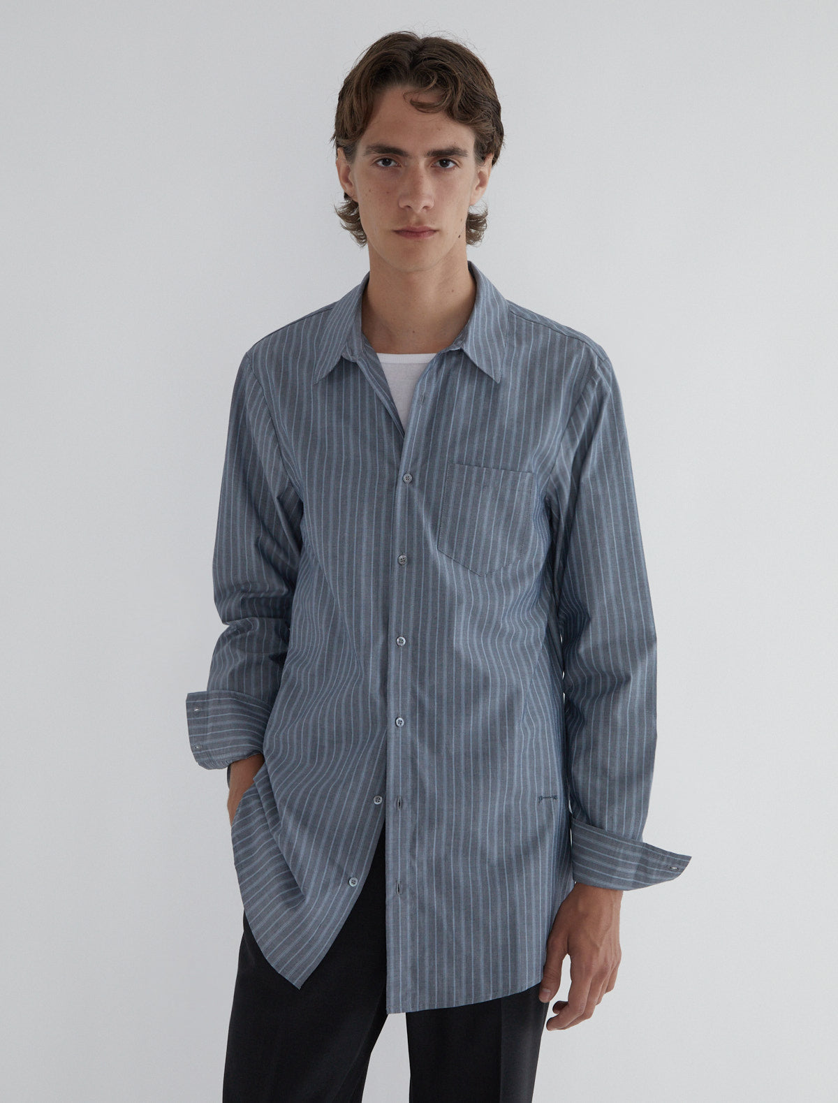 Long boa striped poplin men shirt