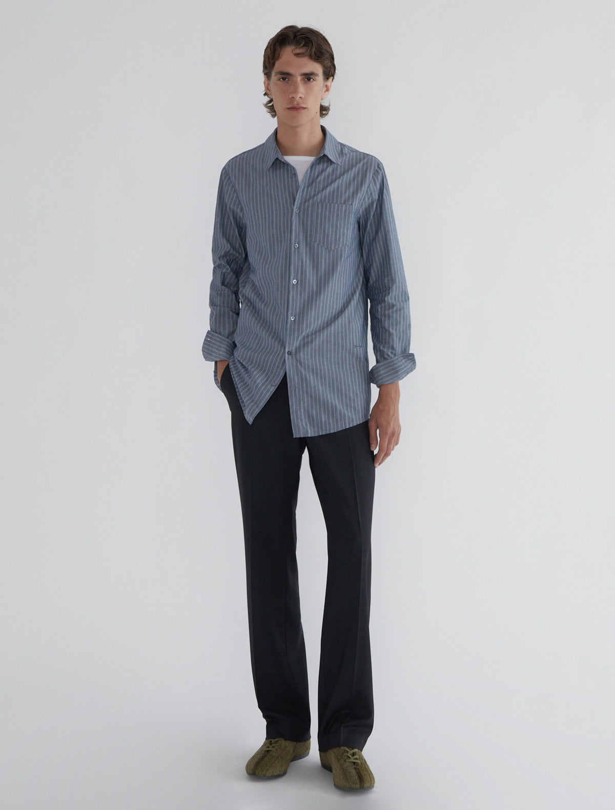 Long boa striped poplin men shirt