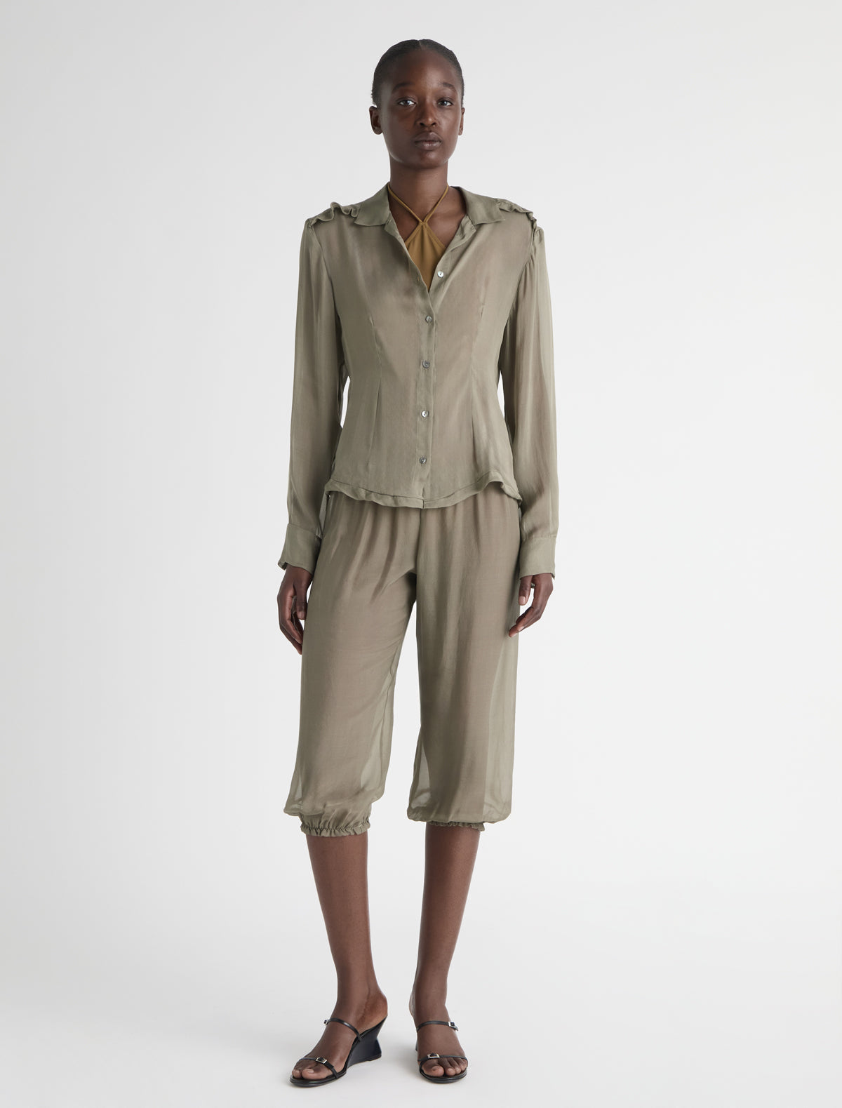 Short weza delicate sheer harem capri silk pants khaki