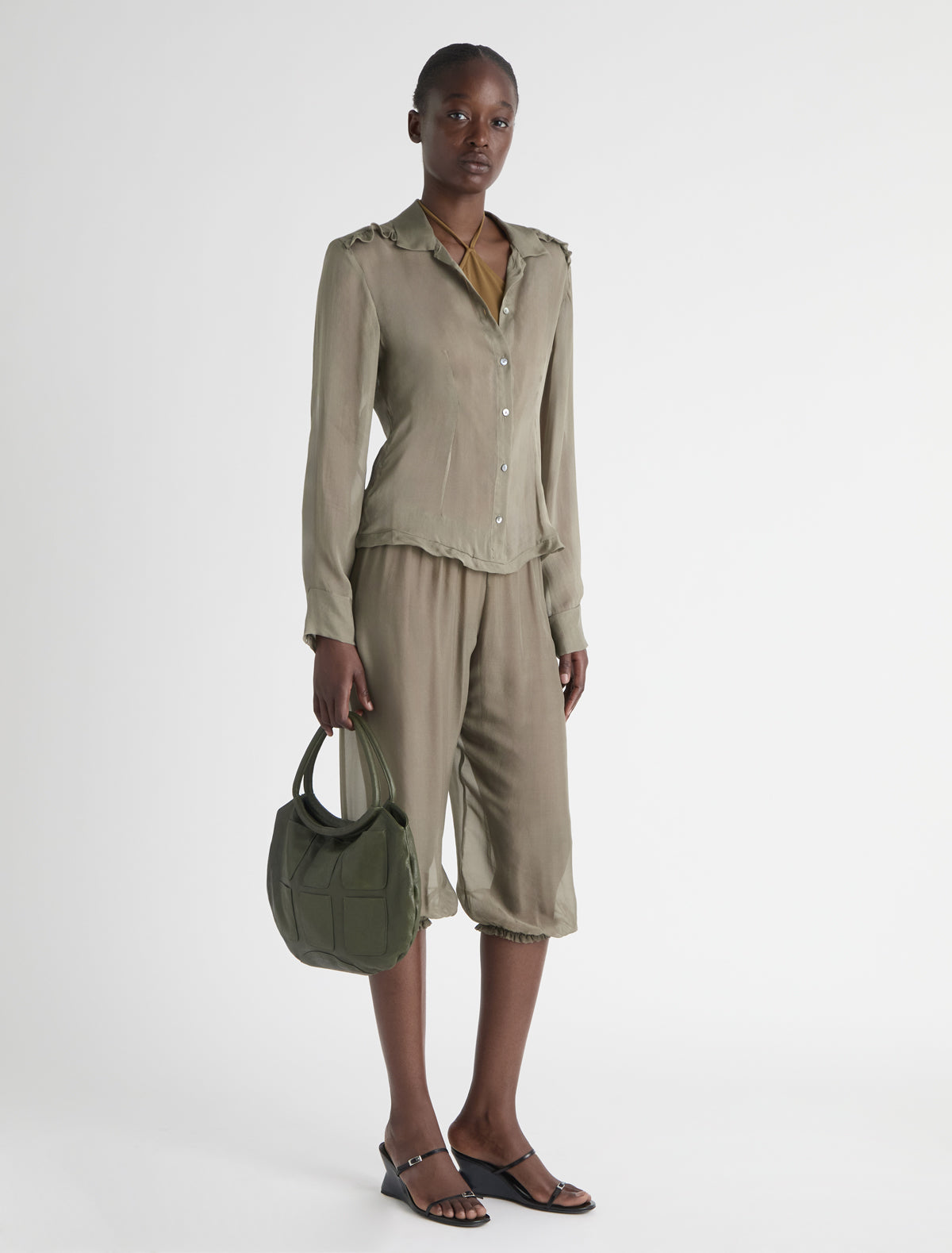 Eralda silk shirt mini ruffle detail khaki