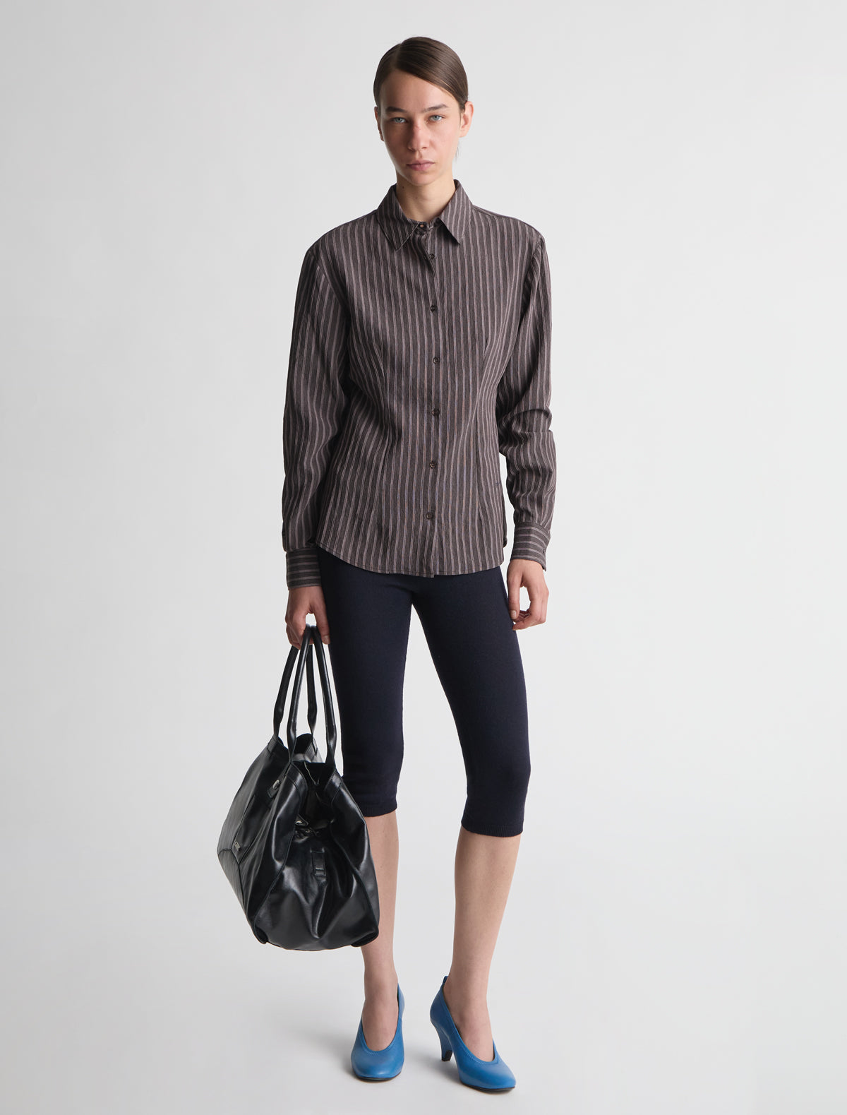 Liren fitted brown striped shirt pw embroidery brown