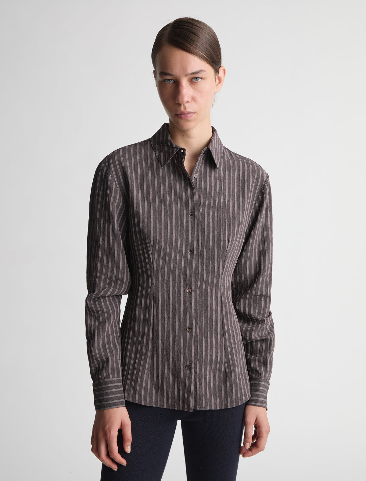 Liren fitted brown striped shirt pw embroidery brown