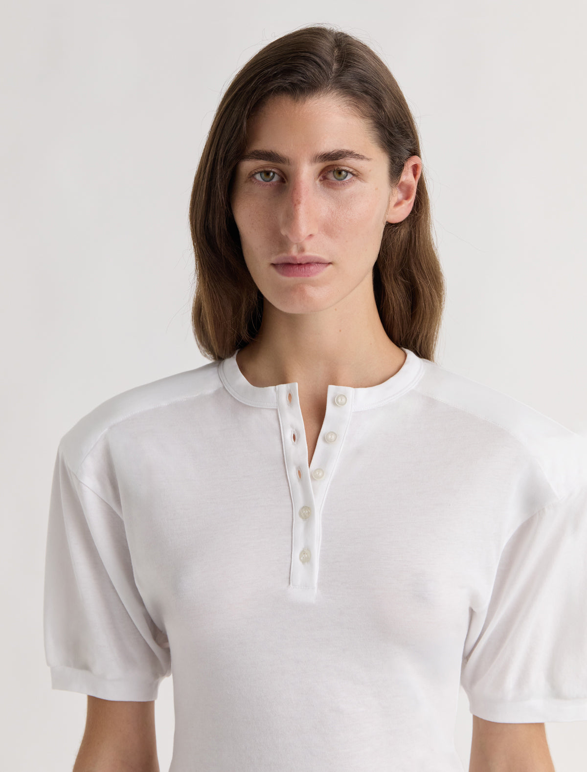 Renfo short sleeved top henley neckline raglan sleeves removable shoulder pads white