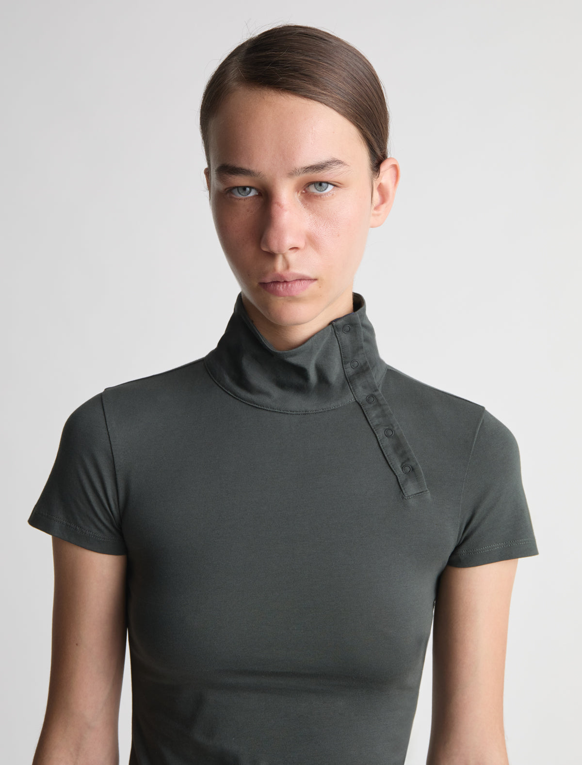 Zira short sleeve cotton top high neckline off center placket khaki