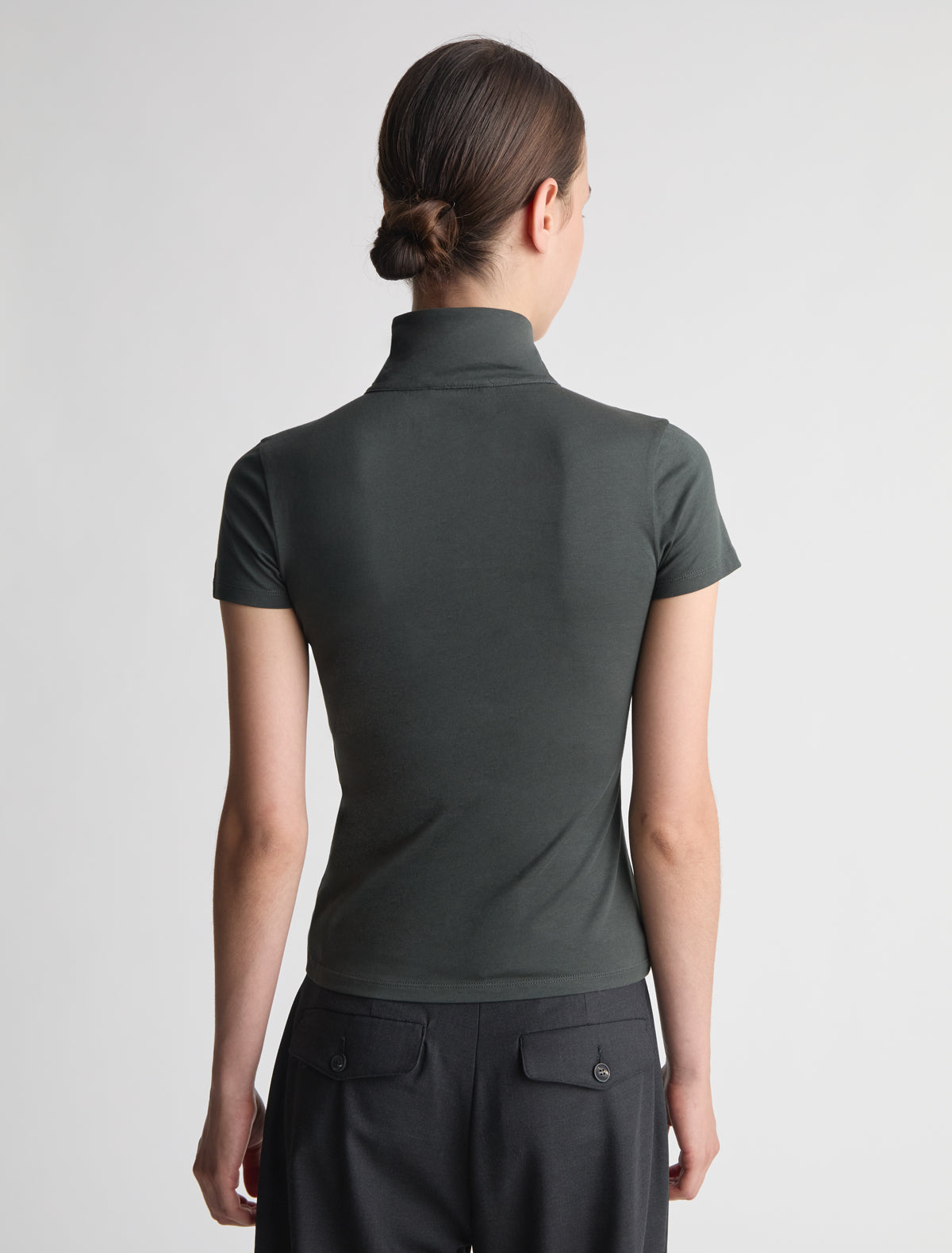 Zira short sleeve cotton top high neckline off center placket khaki