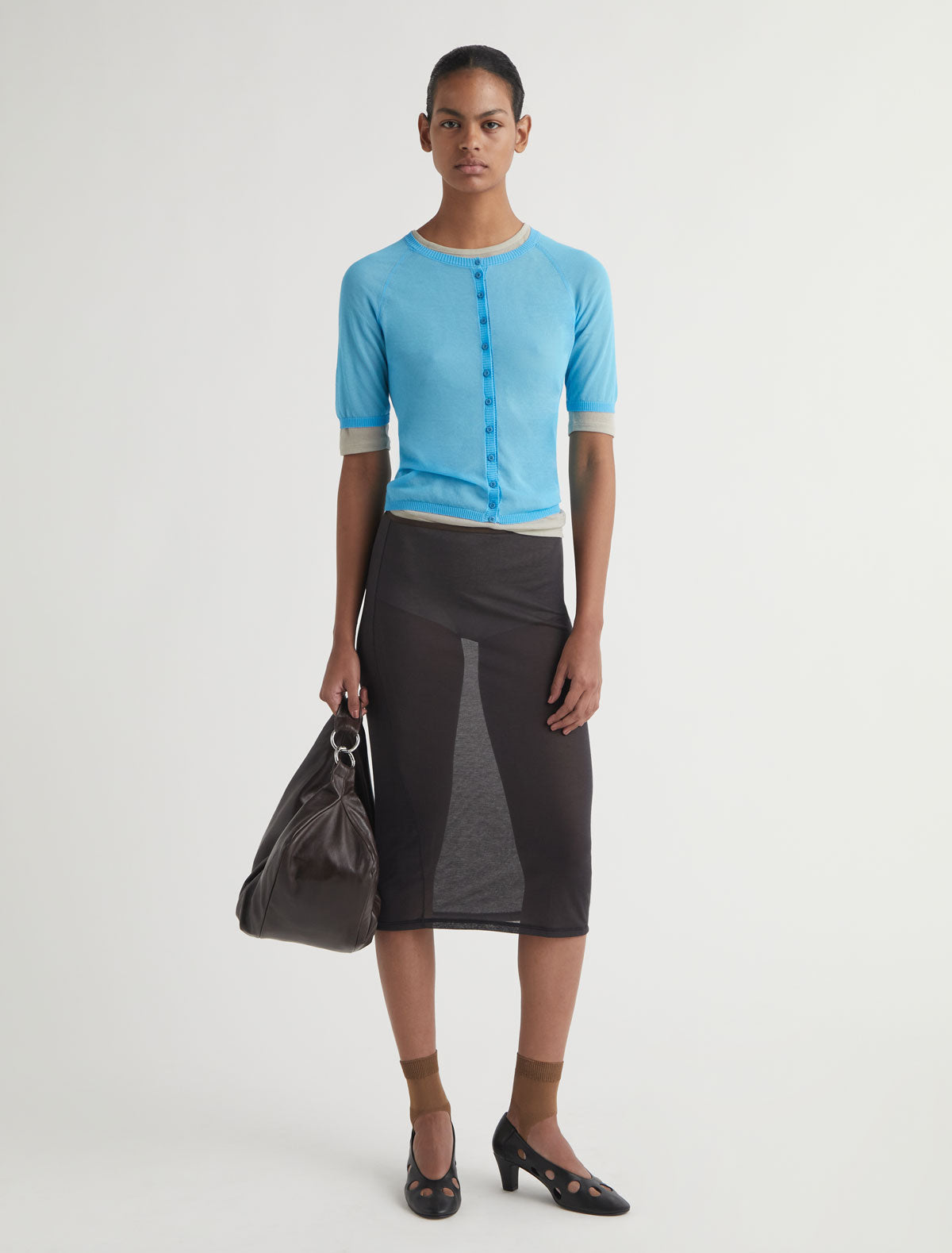 PATINELA-Blue short-sleeve knit cardigan with front button closure