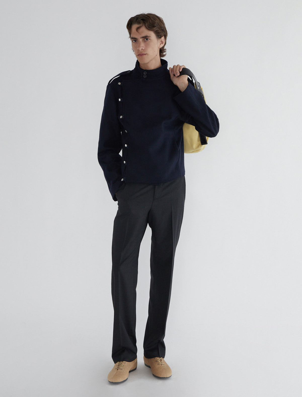 Galdana men wool jacket front crossover snap button tabs