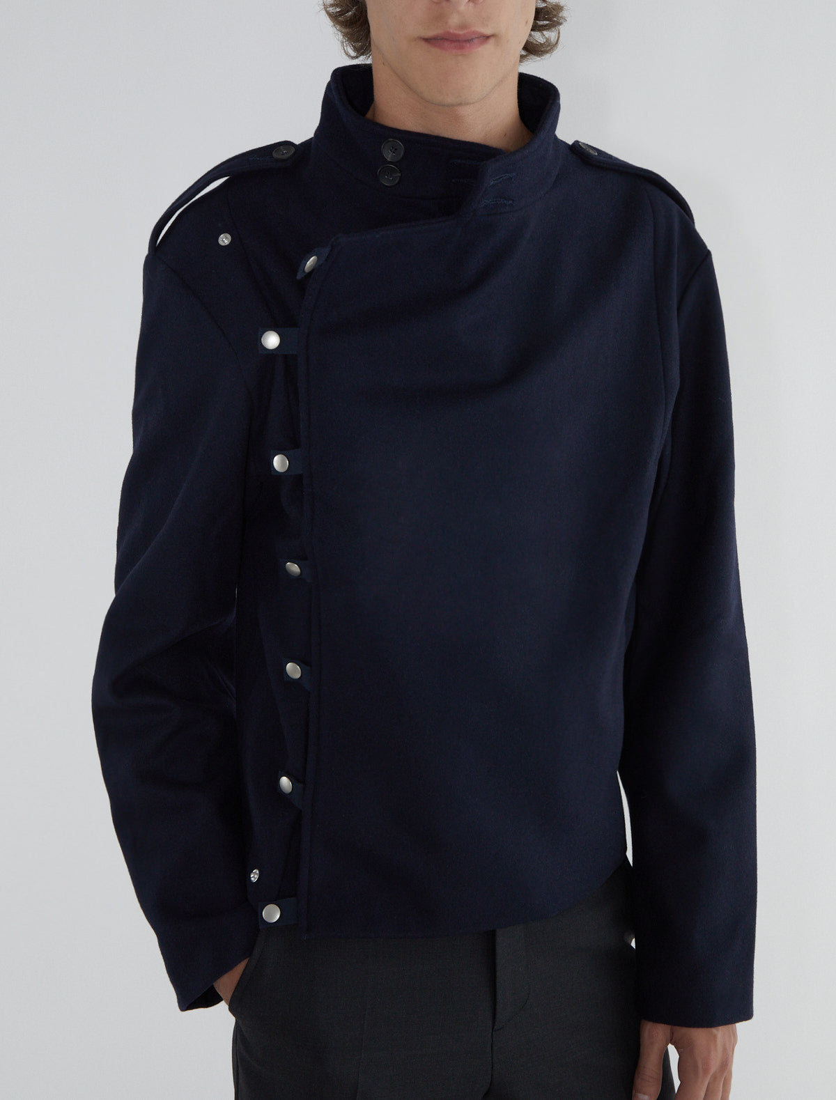 Galdana men wool jacket front crossover snap button tabs