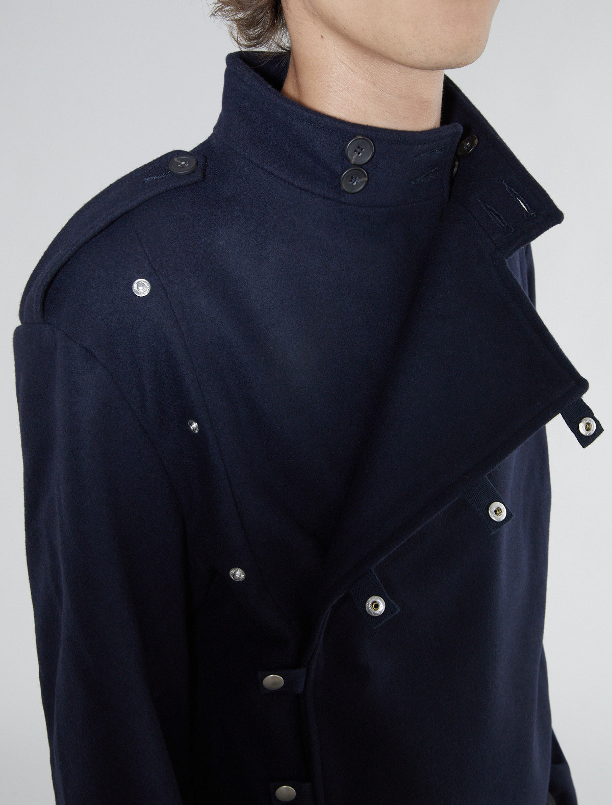 Galdana men wool jacket front crossover snap button tabs