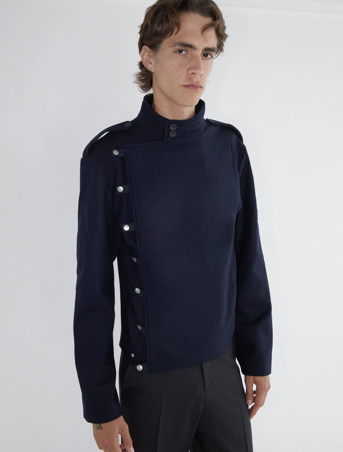 GALDANA-Men's wool jacket with a front crossover and snap-button