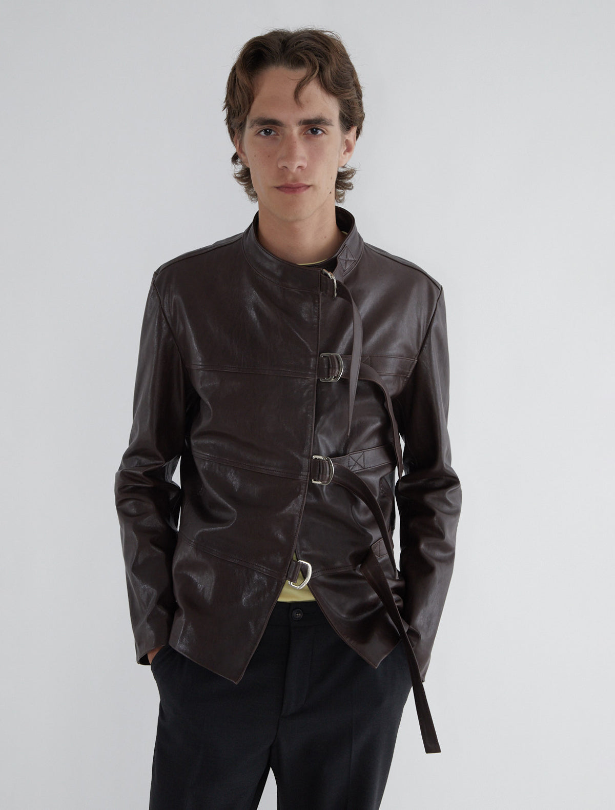 NIQUEL B-Men's leather jacket featuring four front buckles for an