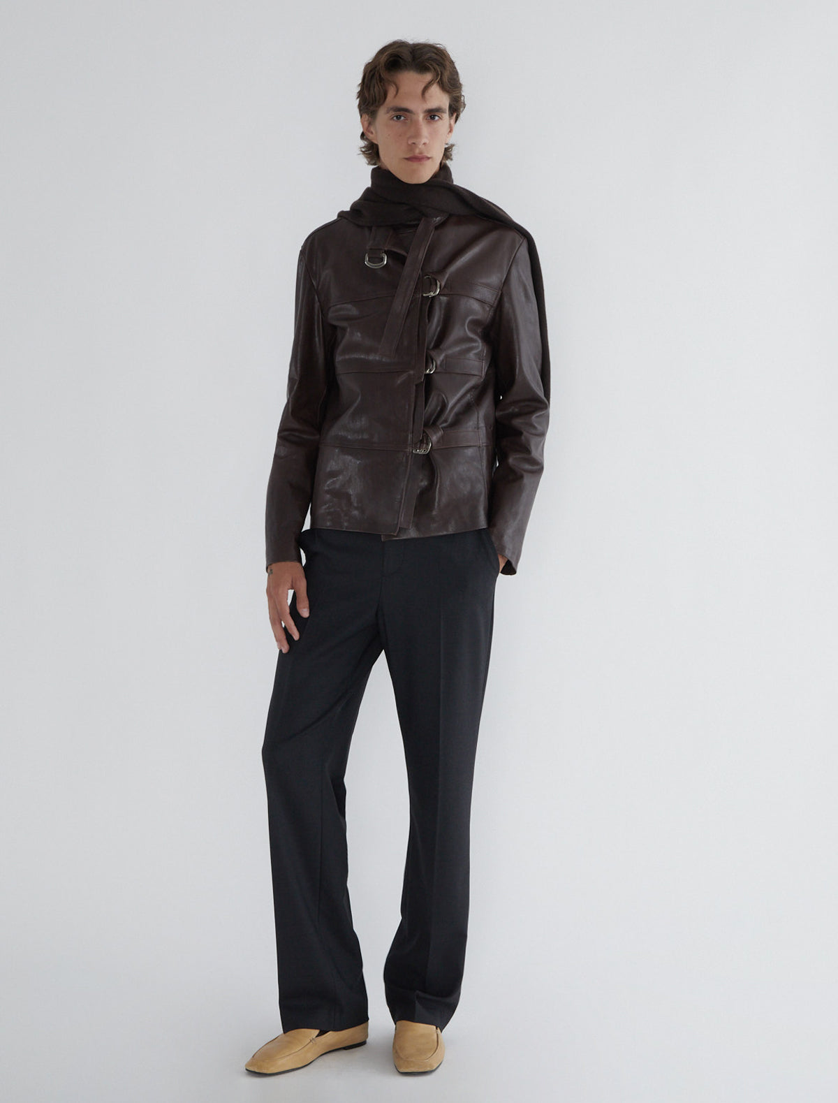 NIQUEL B-Men's leather jacket featuring four front buckles for an