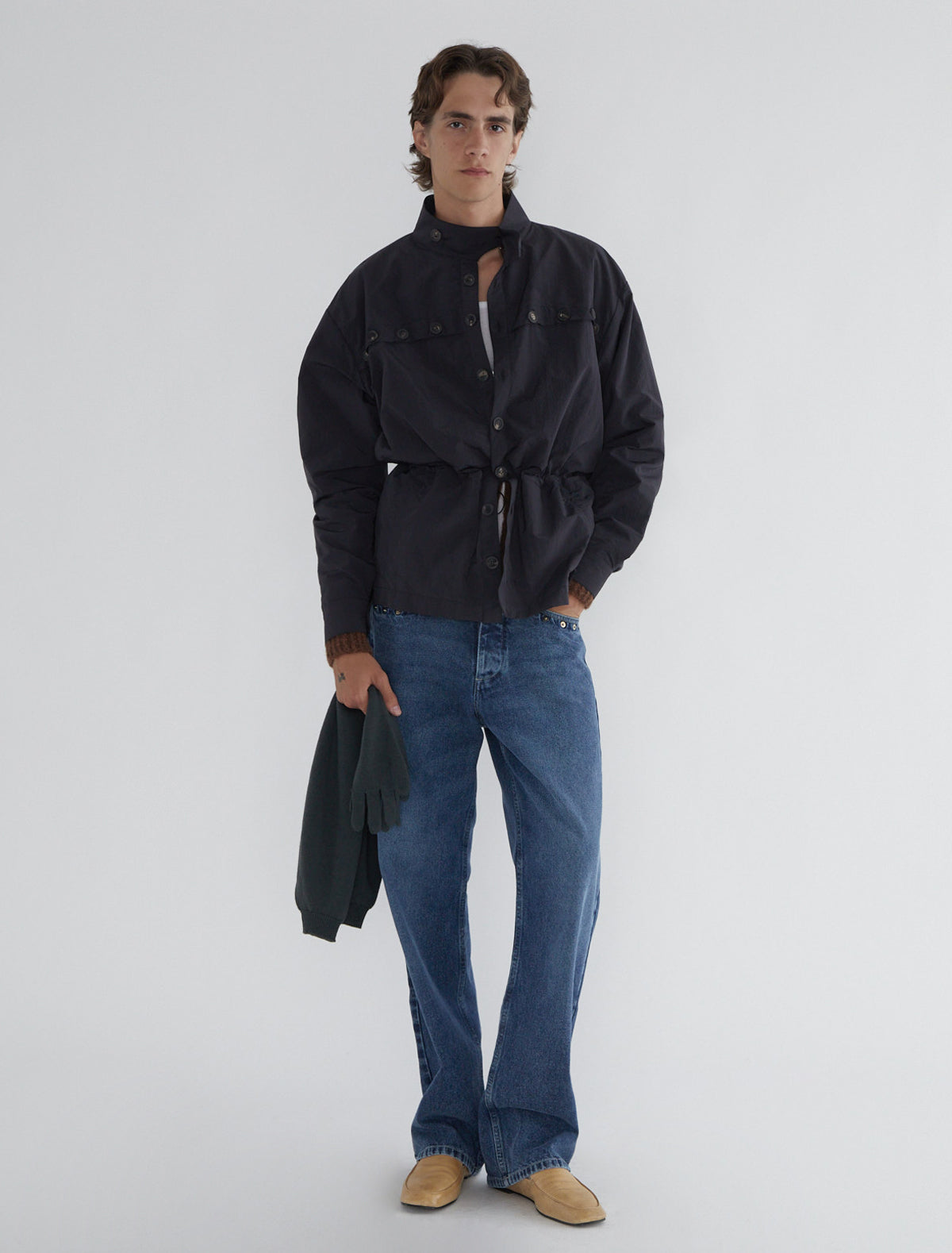 Simon nylon jacket front cross button adjustable waistband