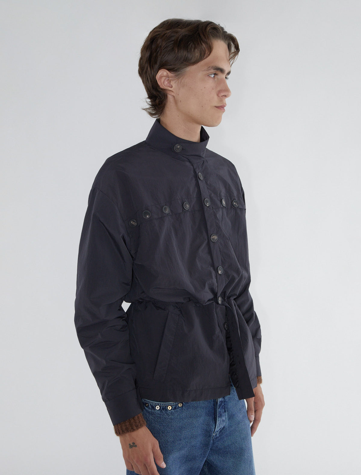 Simon nylon jacket front cross button adjustable waistband