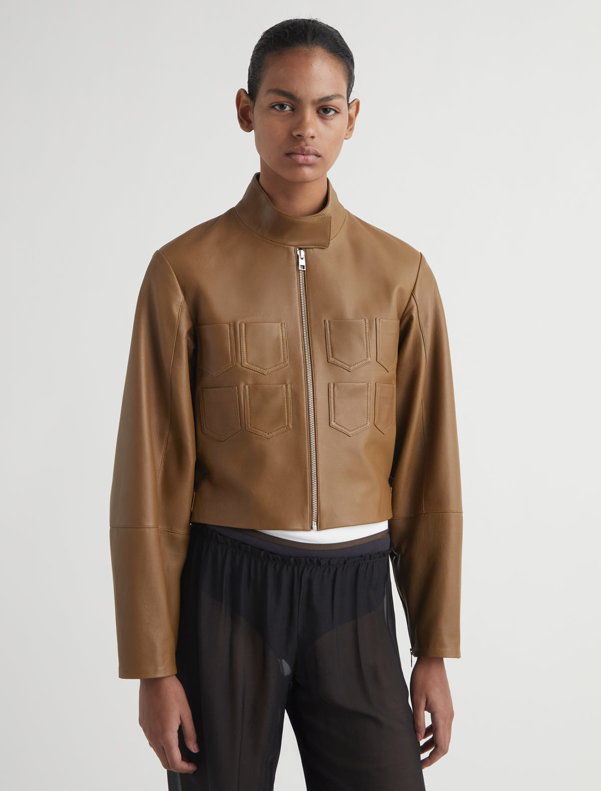Aline cropped leather jacket mini chest pockets