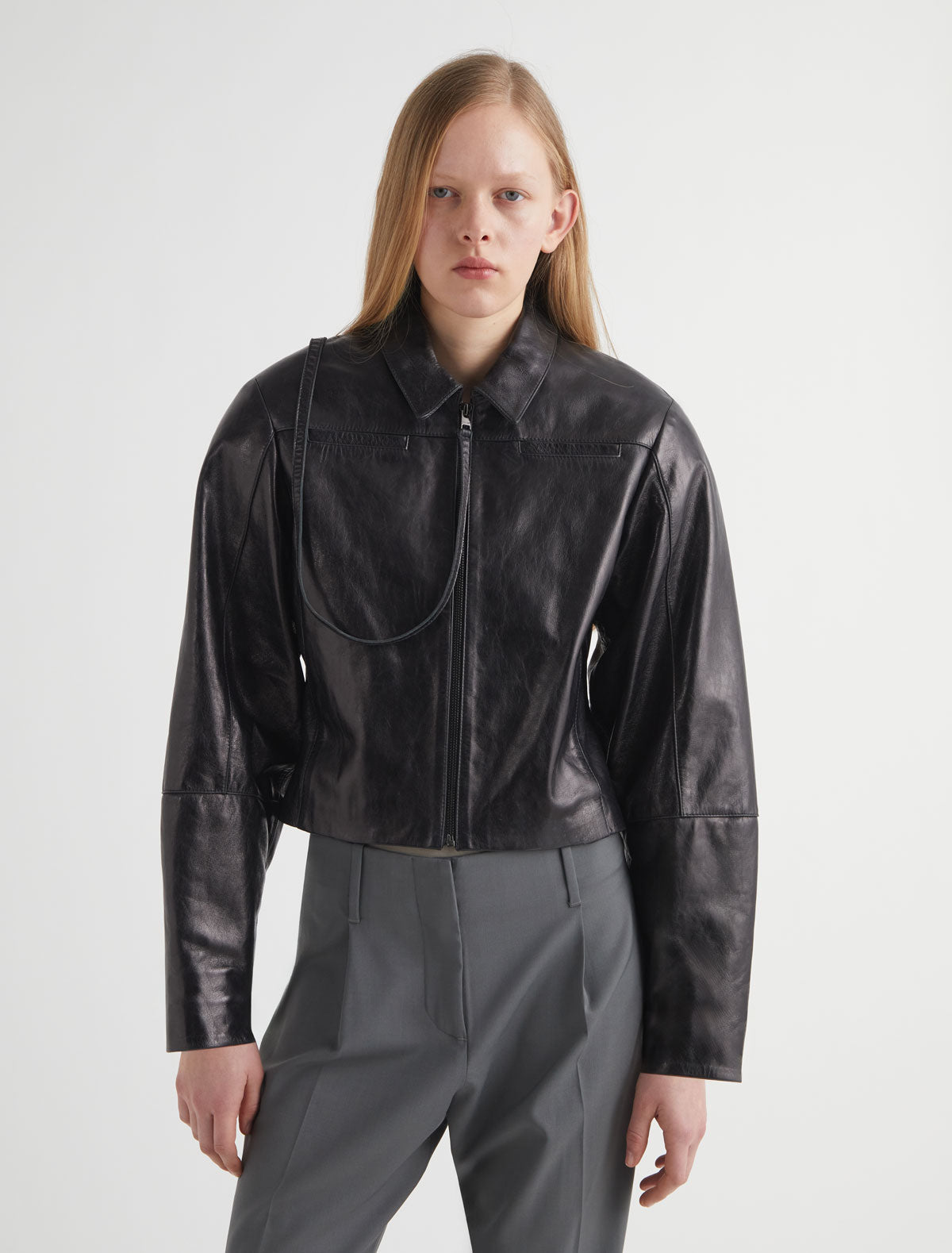 BANUI-Black leather jacket with double-slider zipper and chest