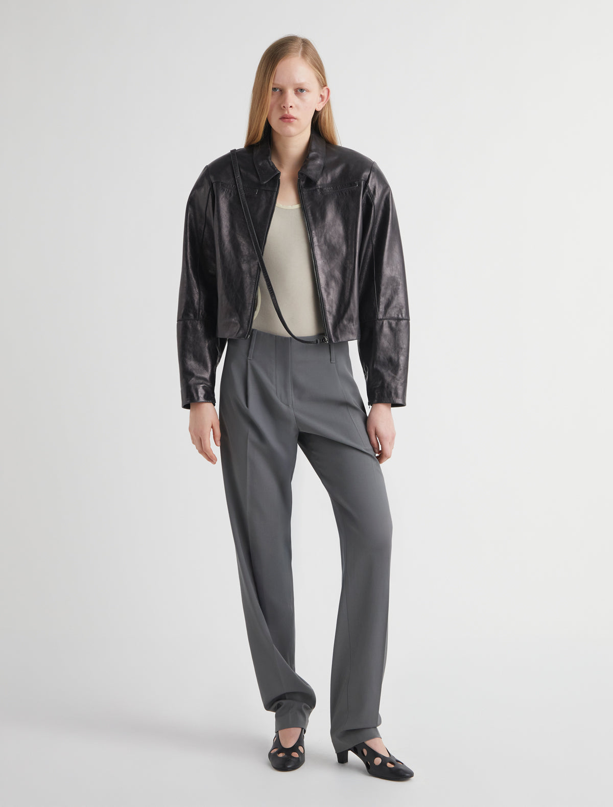 BANUI-Black leather jacket with double-slider zipper and chest