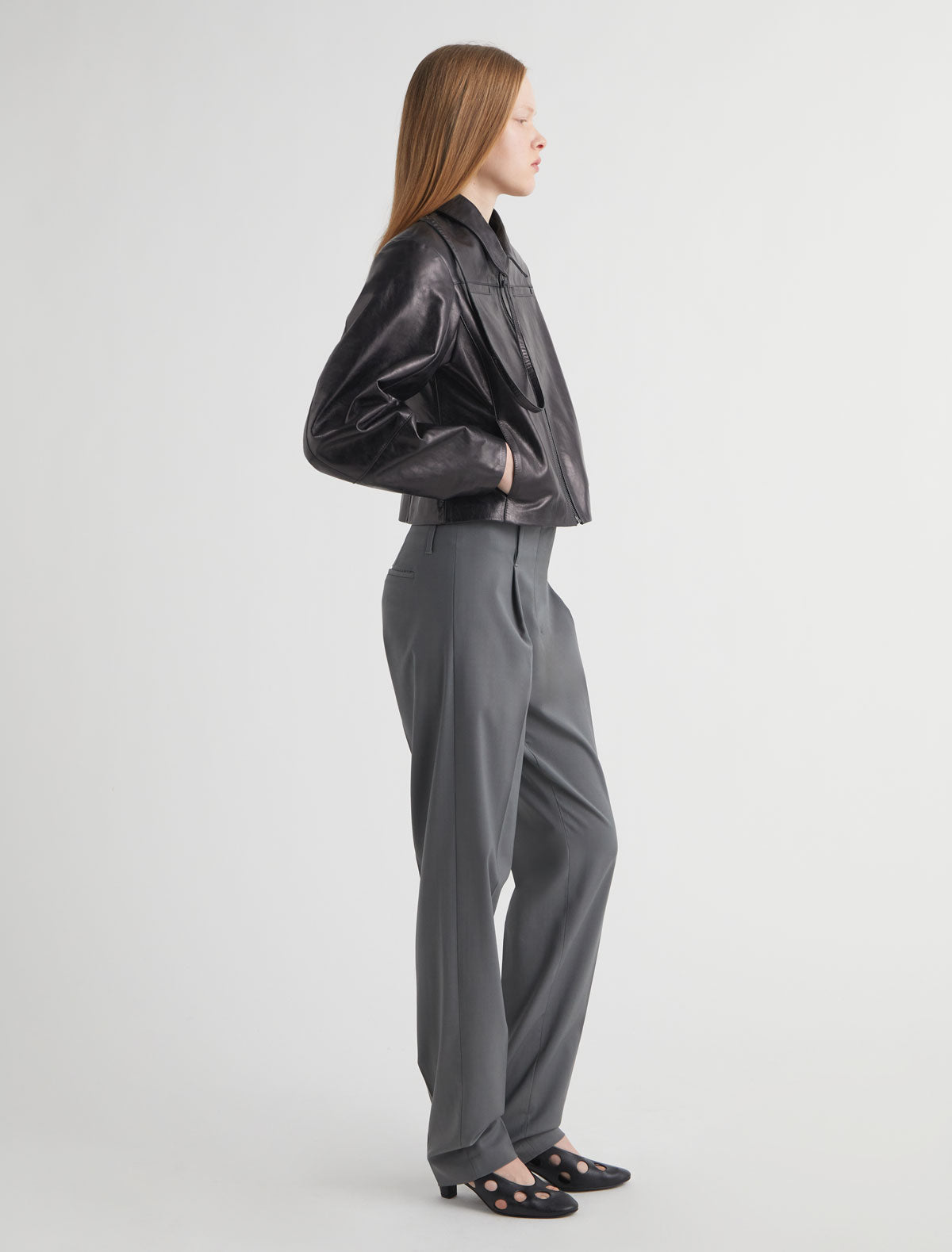 BANUI-Black leather jacket with double-slider zipper and chest