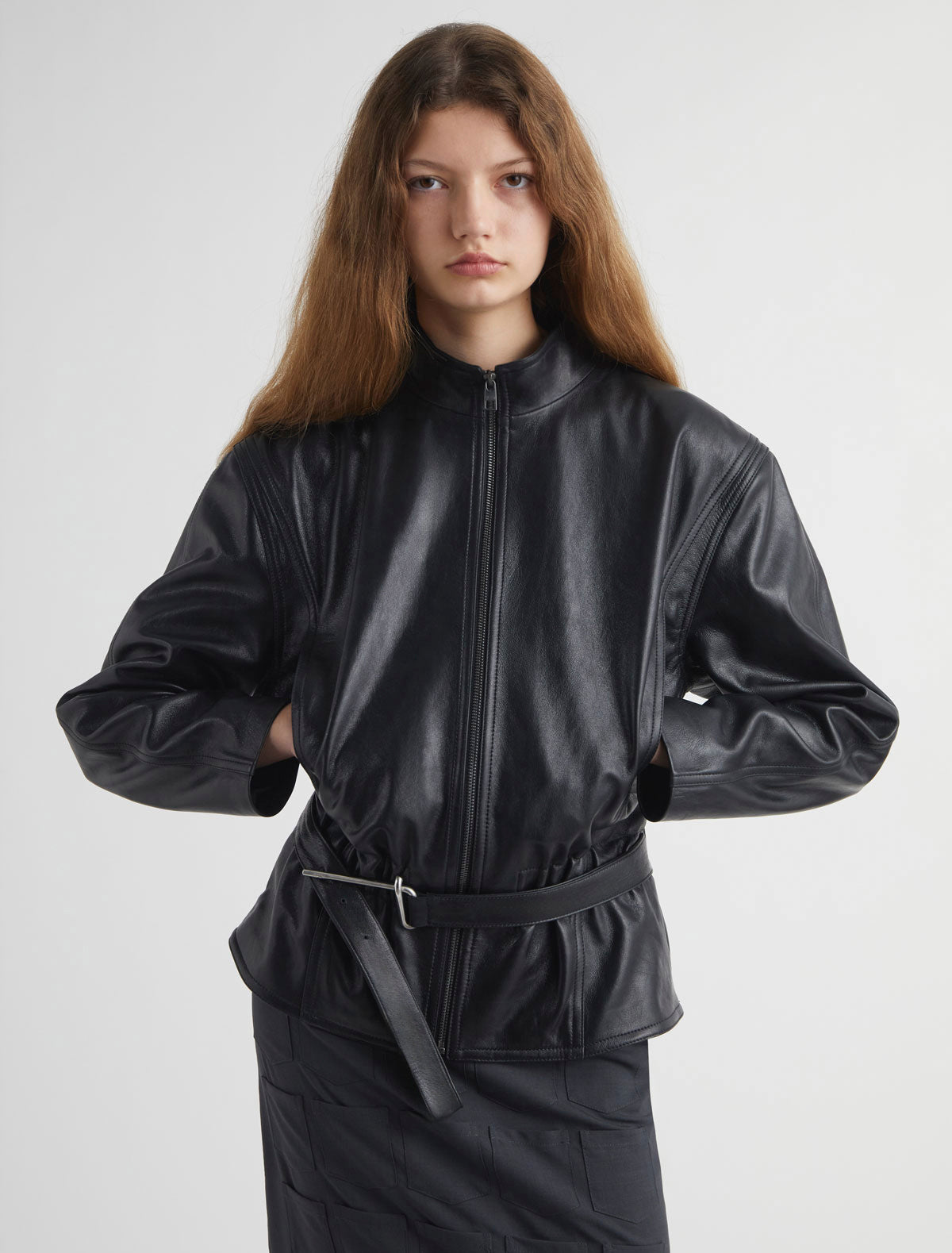 Five leather jacket integrated belt metal hook hardware grace prince