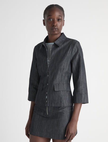 VALEVA-Elbow-length sleeve denim jacket with metal hook closures