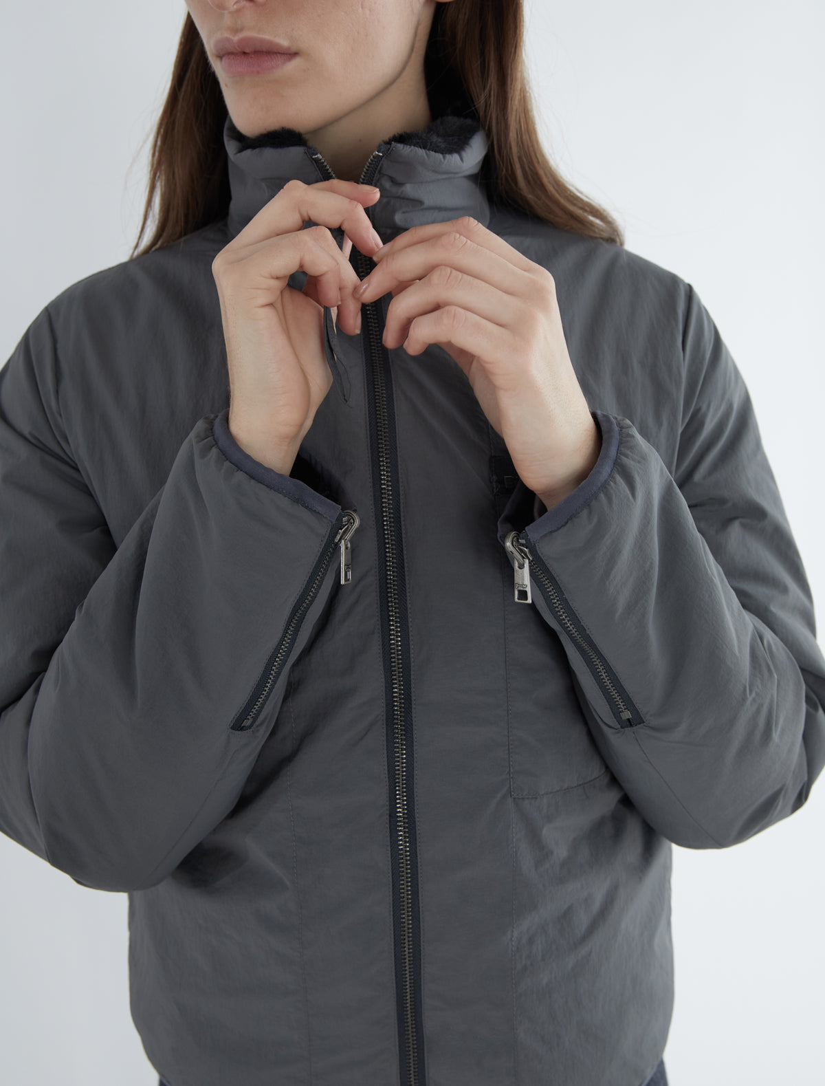 Wombat reversible nylon puffer jacket fluffy collar black