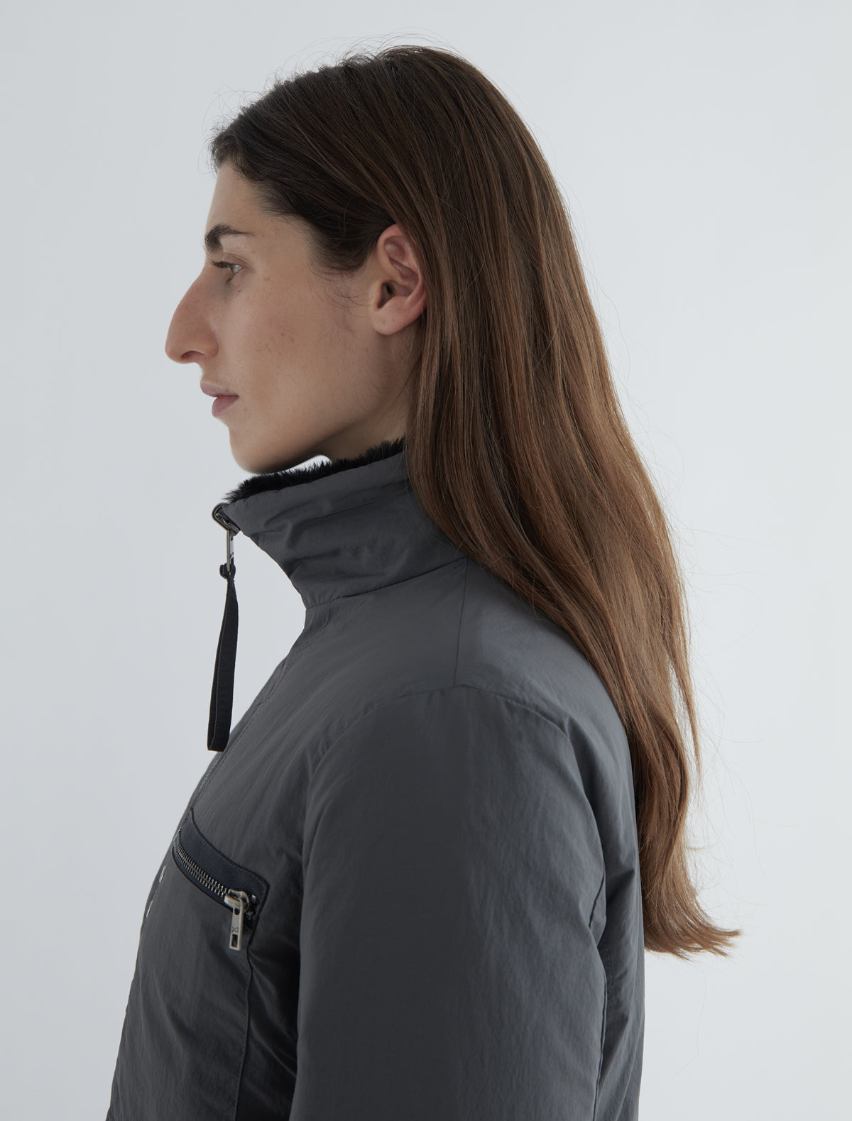 Wombat reversible nylon puffer jacket fluffy collar black